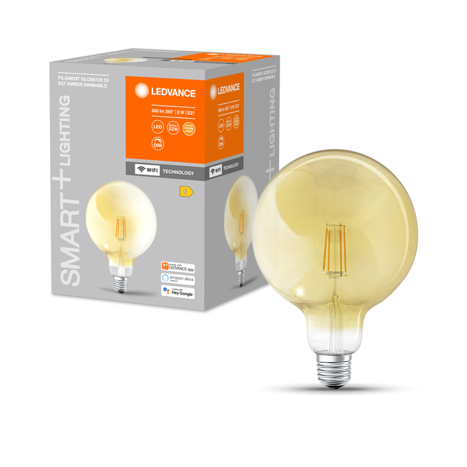SMART+ Filament Globe Dimmable 53  6 W/2400 K E27  Combo Shot = Product Beauty Shot + Packaging Image