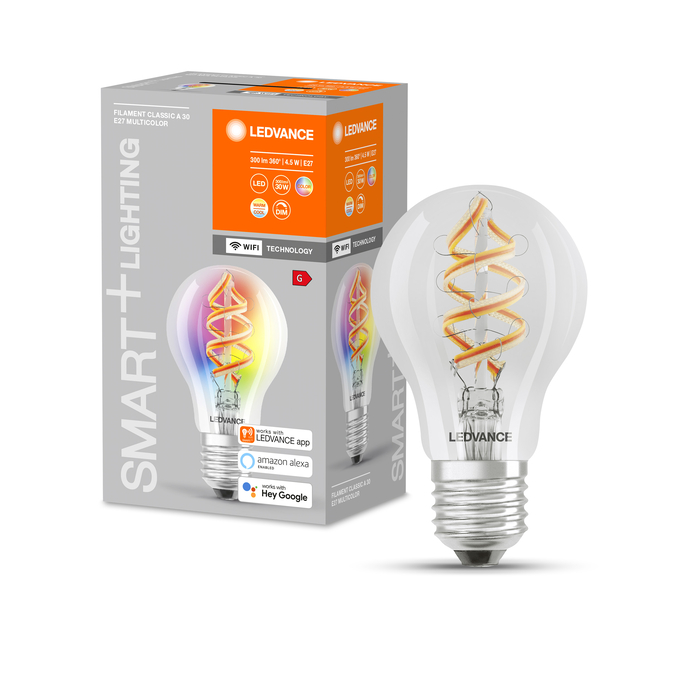 SMART+ Filament Classic RGBW 30 4.5 W/2700 K E27 Combo Shot = Product Beauty Shot + Packaging Image