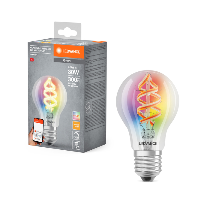 SMART+ Filament Classic RGBW 30 4.5 W/2700 K E27 Combo Shot = Product Beauty Shot + Packaging Image