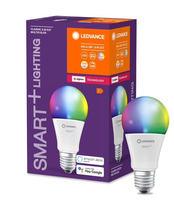 SMART+ ZIGBEE Multicolor Classic A60 9W E27 Combo Shot = Product Beauty Shot + Packaging Image