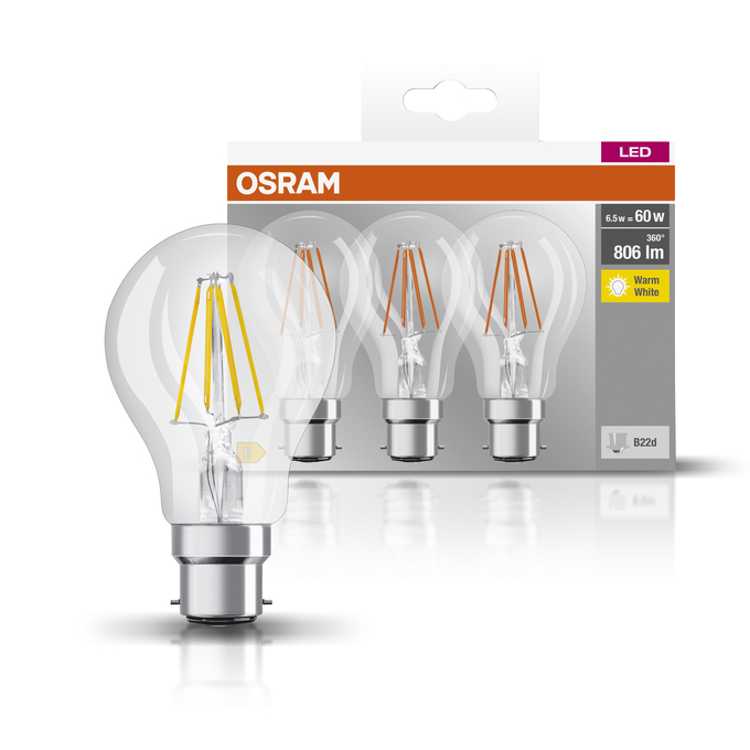 LED Base Classic A 60 Filament 7W 827 Clear B22d Combinatiefoto = Product Beauty Shot + Verpakkingsafbeelding
