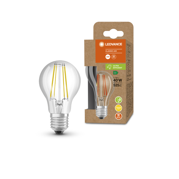 LED Classic A 40 Filament Energy efficiency class A S 2.5W 830 Clear E27 Combo Shot = Product Beauty Shot + Packaging Image