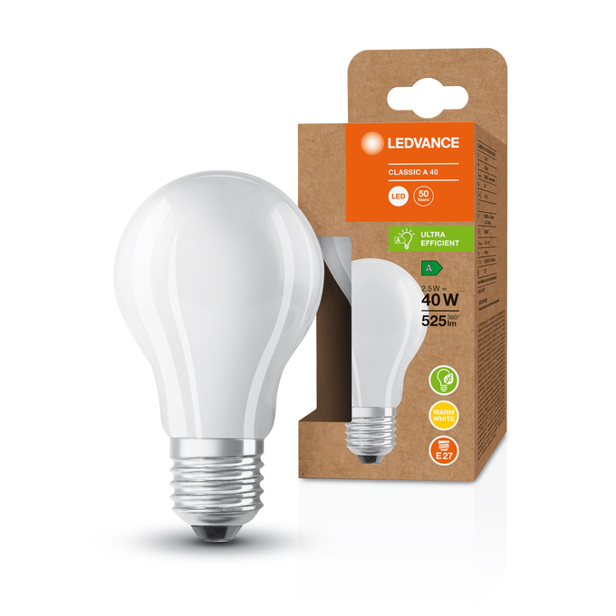 LED Classic A 40 Energy efficiency class A S 2.5W 830 Frosted E27 Fotografie combinată = Fotografiede prezentare + Imagine cu ambalaj