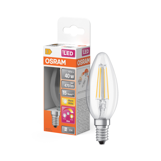 LED Superstar Plus Classic B 40 Filament Glow DIM 4W 822…827 E14 Combinatiefoto = Product Beauty Shot + Verpakkingsafbeelding