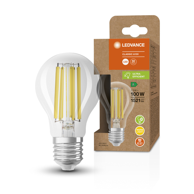 LED Classic A 100 Filament Energy efficiency class A S 7.2W 830 Clear E27 Scatto combinato = Scatto Product Beauty + immagine della confezione