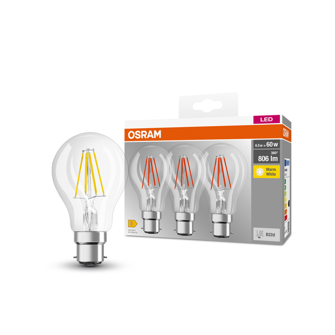 LED Base Classic A 60 Filament 7W 827 Clear B22d Combinatiefoto = Product Beauty Shot + Verpakkingsafbeelding