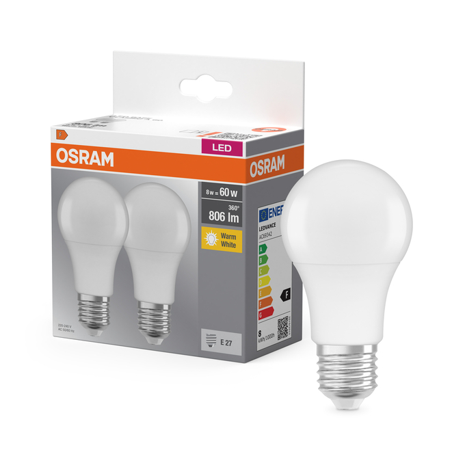 LED Base Classic A 60 8W 827 Frosted E27 Fotografie combinată = Fotografiede prezentare + Imagine cu ambalaj