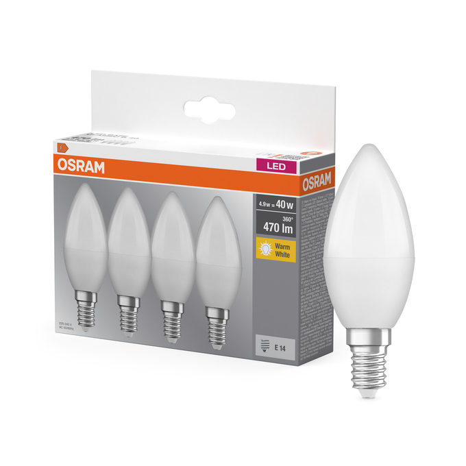 LED Base Classic B 40 4.9W 827 Frosted E14 Scatto combinato = Scatto Product Beauty + immagine della confezione