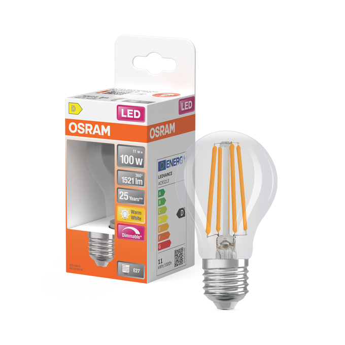 LED Superstar Classic A 100 Filament DIM 11W 827 Clear E27 Scatto combinato = Scatto Product Beauty + immagine della confezione
