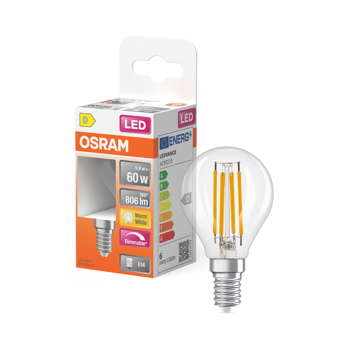 LED Superstar Classic P 60 Filament DIM 5.9W 827 Clear E14 Scatto combinato = Scatto Product Beauty + immagine della confezione