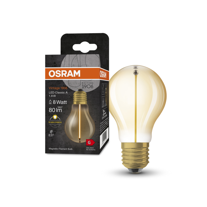 Vintage 1906 Classic A 8 Filament Magnetic 1.8W 827 Gold E27 Combo Shot = Product Beauty Shot + Packaging Image