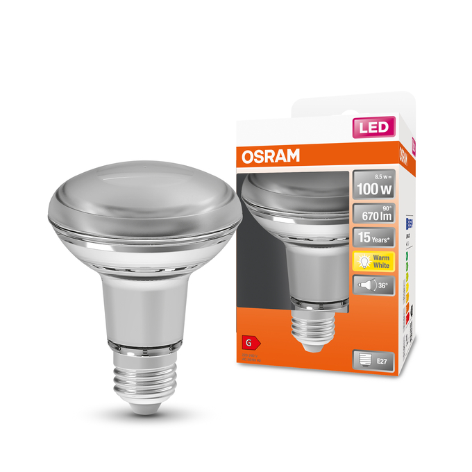 LED Star R80 100 36° 8.5W 827 E27 Fotografie combinată = Fotografiede prezentare + Imagine cu ambalaj