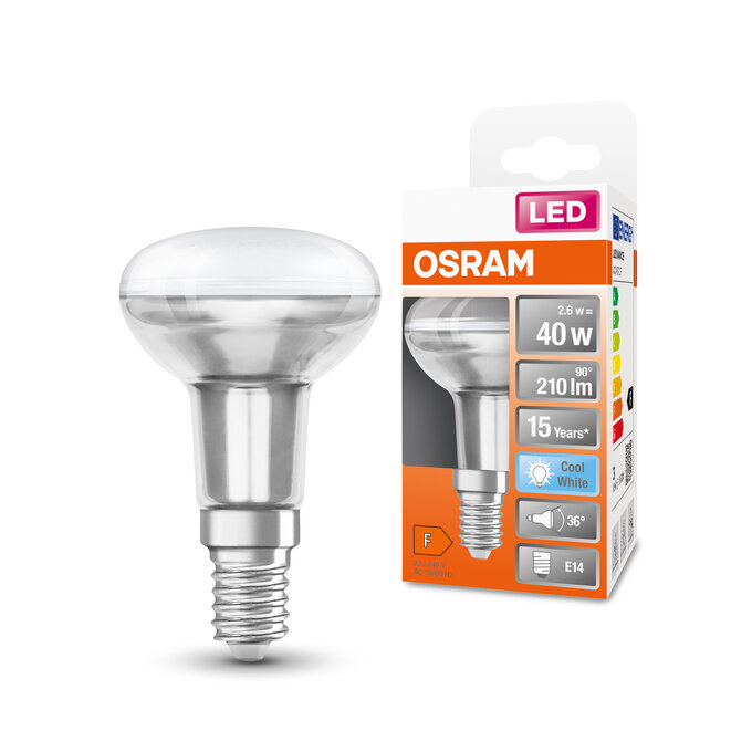 LED Star R50 40 36° 2.6W 840 E14 Combinatiefoto = Product Beauty Shot + Verpakkingsafbeelding