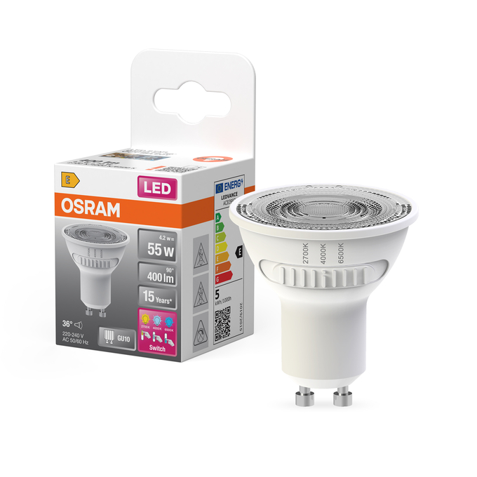 LED Star PAR16 55 36° CCT Select 4.2W 827/840/865 GU10 Combinatiefoto = Product Beauty Shot + Verpakkingsafbeelding