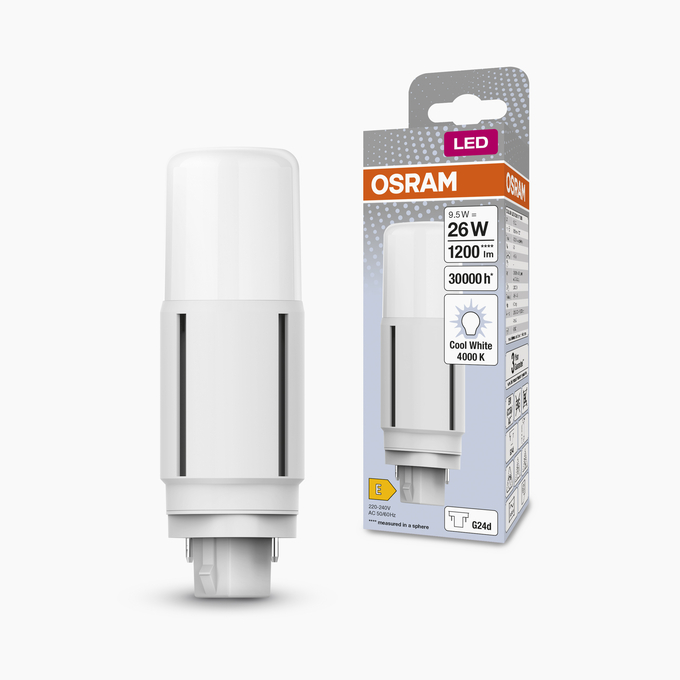 DULUX LED D26 VT EM & AC MAINS 9.5W 840 G24D Scatto combinato = Scatto Product Beauty + immagine della confezione