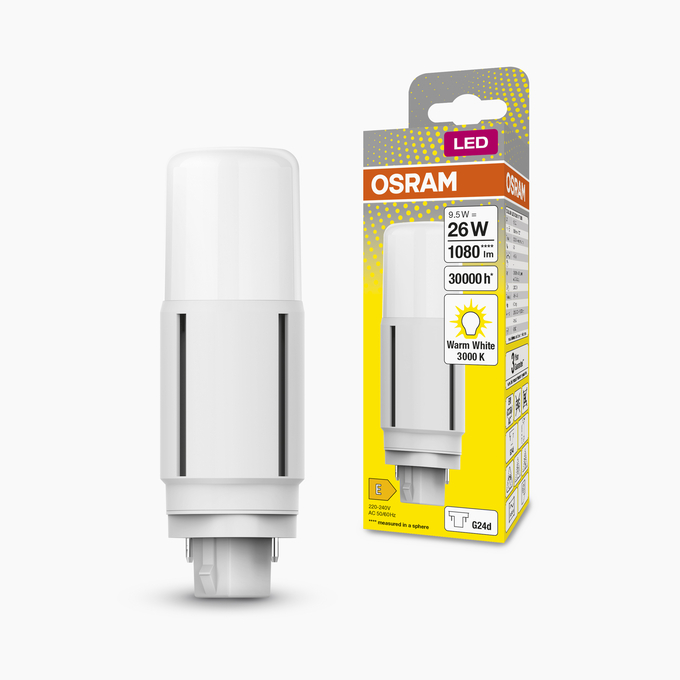 DULUX LED D26 VT EM & AC MAINS 9.5W 830 G24D Scatto combinato = Scatto Product Beauty + immagine della confezione