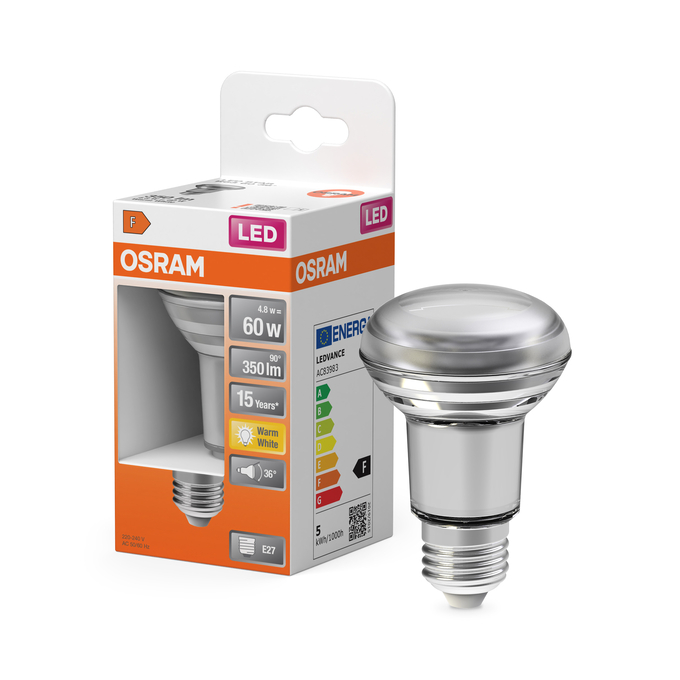LED Star R63 60 36° 4.8W 827 E27 Fotografie combinată = Fotografiede prezentare + Imagine cu ambalaj