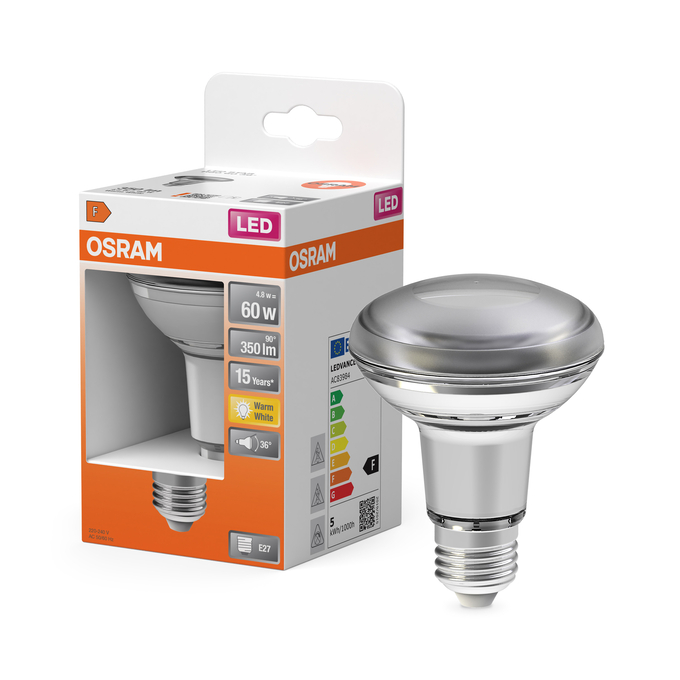 LED Star R80 60 36° 4.8W 827 E27 Scatto combinato = Scatto Product Beauty + immagine della confezione