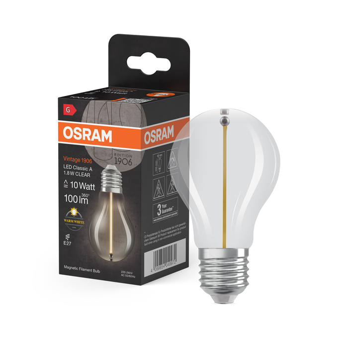 Vintage 1906 Classic A 10 Filament Magnetic 1.8W 827 Clear E27 Combo Shot = Product Beauty Shot + Packaging Image