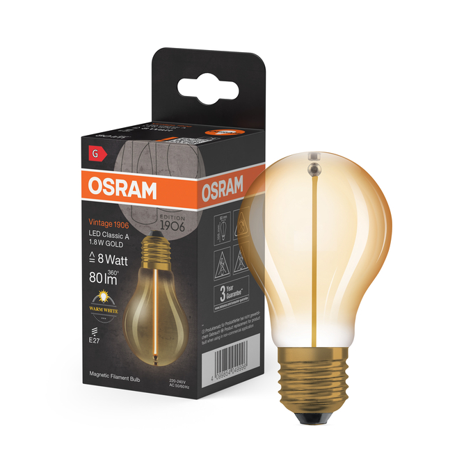 Vintage 1906 Classic A 8 Filament Magnetic 1.8W 827 Gold E27 Combo Shot = Product Beauty Shot + Packaging Image
