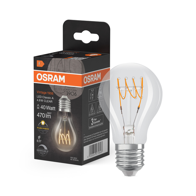 Vintage 1906 Classic A 40 Filament DIM 4.8W 827 Clear E27 Combo Shot = Product Beauty Shot + Packaging Image