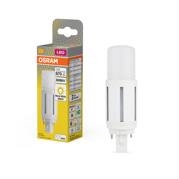 DULUX LED D18 VT EM & AC MAINS 7.5W 830 G24D Scatto combinato = Scatto Product Beauty + immagine della confezione