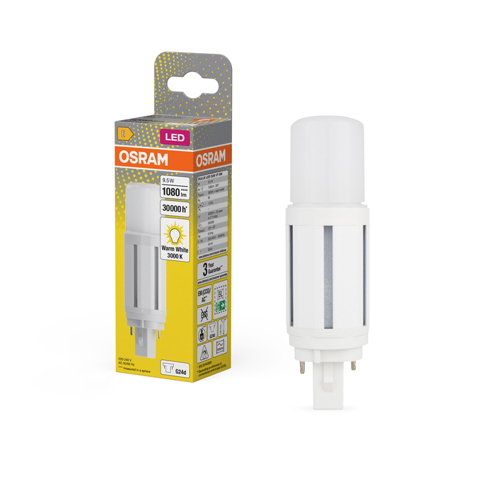 DULUX LED D26 VT EM & AC MAINS 9.5W 830 G24D Scatto combinato = Scatto Product Beauty + immagine della confezione