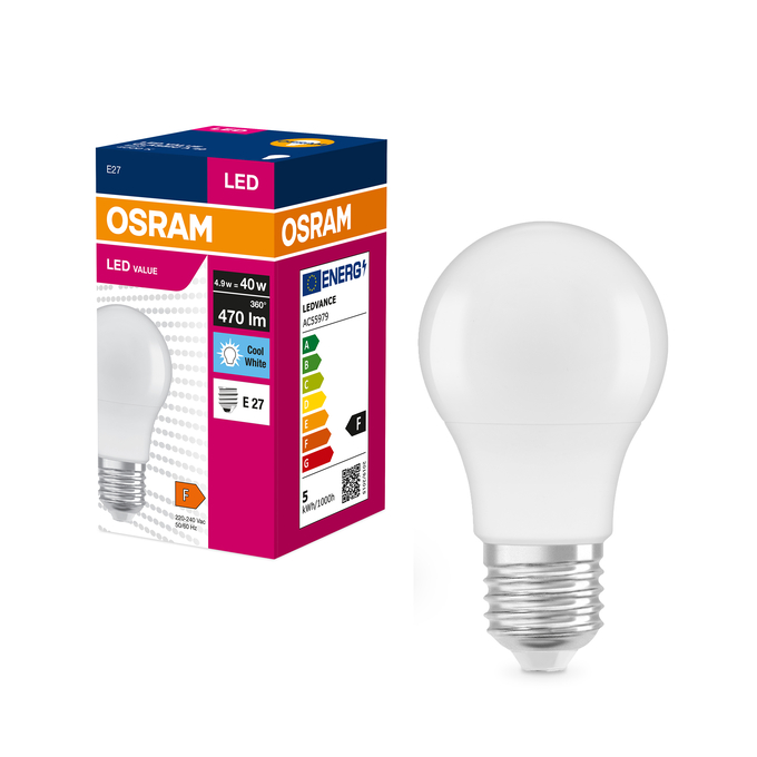 LED Value Classic A 40 4.9W 840 Frosted E27 Fotografie combinată = Fotografiede prezentare + Imagine cu ambalaj