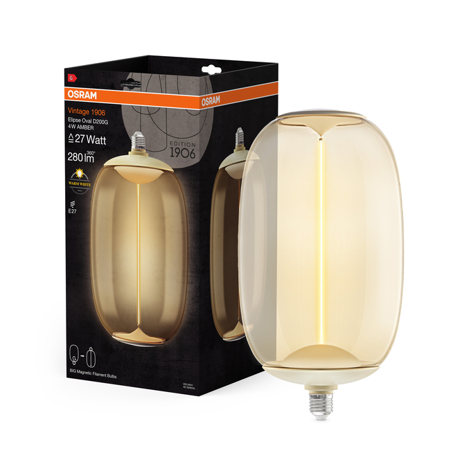 Vintage 1906 Big Elipse Oval 27 Filament Magnetic 4W 827 Amber E27 Combo Shot = Product Beauty Shot + Packaging Image
