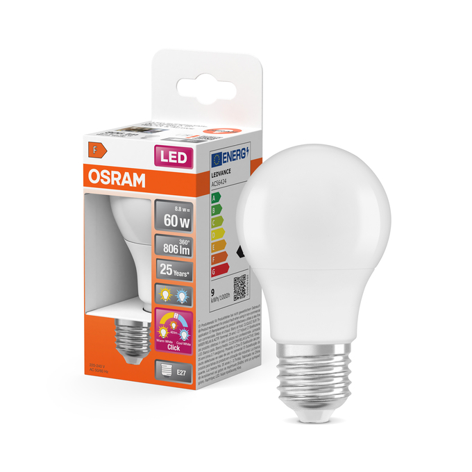 LED Superstar classic A 60 Relax/Active/Sleep  8.8W 827/840 Frosted E27 3x click  Combo Shot = Product Beauty Shot + Packaging Image