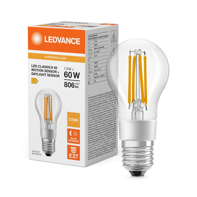 LED Classic A 60 Filament Motion & Daylight sensor S 7.3W 827 Clear E27 Combo Shot = Product Beauty Shot + Packaging Image