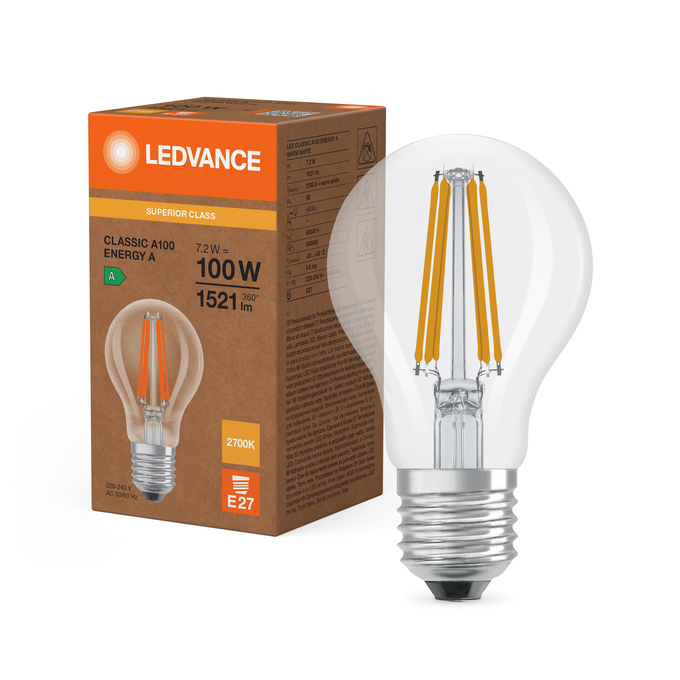 LED Classic A 100 Filament Energy efficiency class A S 7.2W 827 Clear  E27 Combo Shot = Product Beauty Shot + Packaging Image