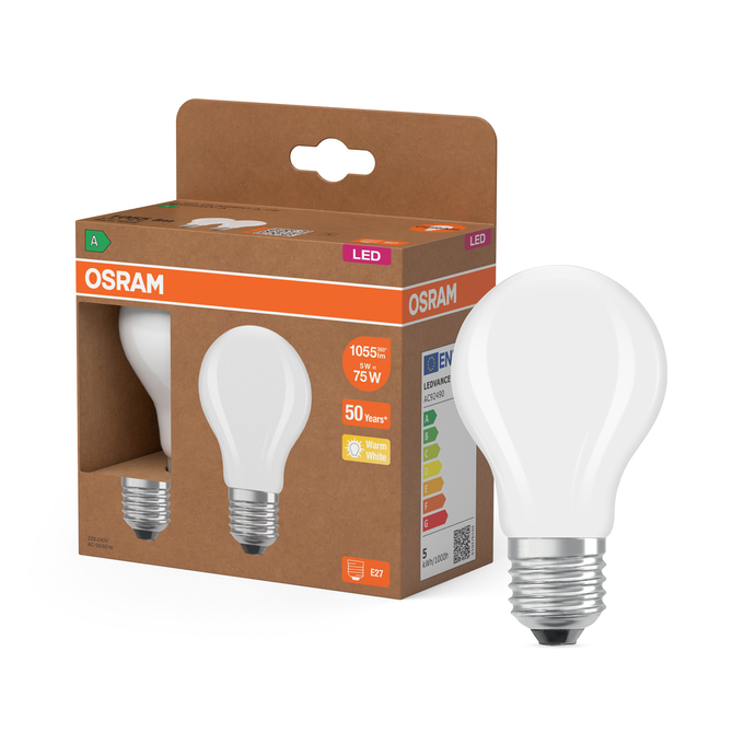 LED Classic A 75 Filament Energy efficiency class A 5W 827 Frosted E27 Scatto combinato = Scatto Product Beauty + immagine della confezione