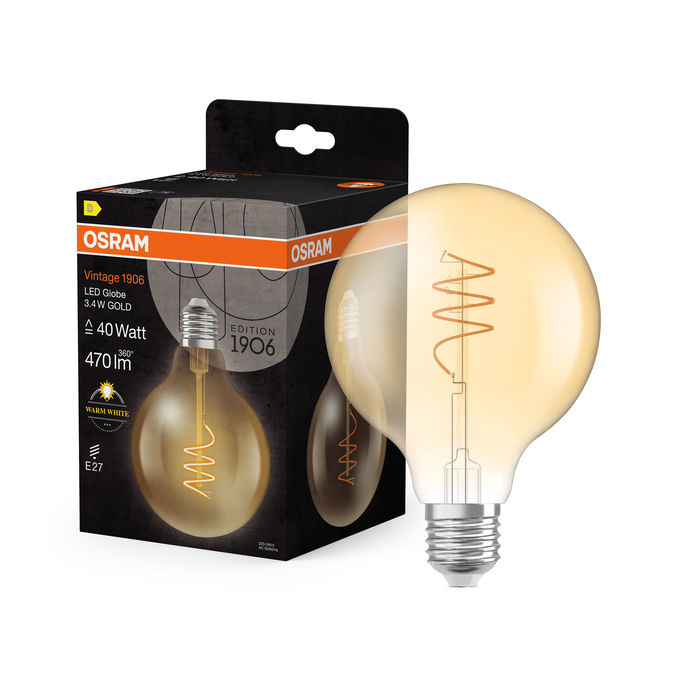 Vintage 1906 Globe 95 40 Spiral Filament 3.4W 827 Gold E27 Combo Shot = Product Beauty Shot + Packaging Image