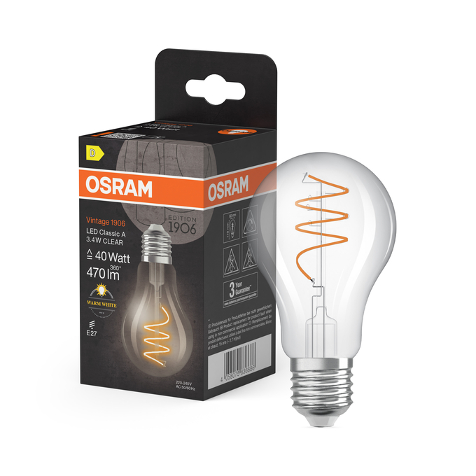Vintage 1906 Classic A 40 Spiral Filament 3.4W 827 Clear E27 Combo Shot = Product Beauty Shot + Packaging Image