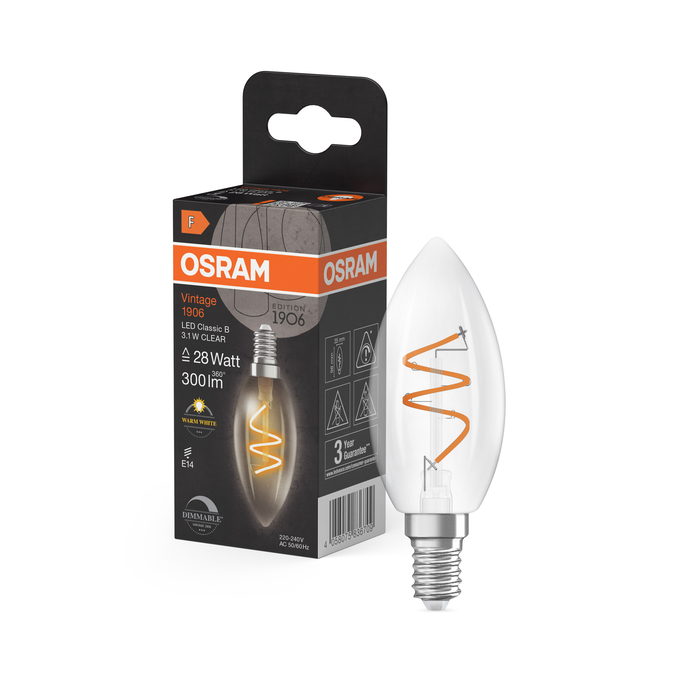Vintage 1906 Classic B 28 Spiral Filament DIM 3.1W 927 Clear E14 Combo Shot = Product Beauty Shot + Packaging Image