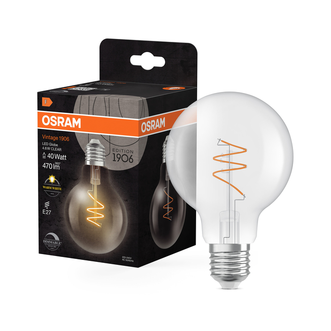Vintage 1906 Globe 80 40 Spiral Filament DIM 4.6W 927 Clear E27 Combo Shot = Product Beauty Shot + Packaging Image