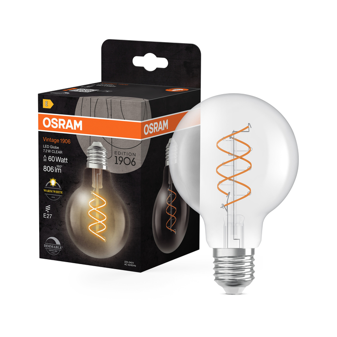 Vintage 1906 Globe 80 60 Spiral Filament DIM 7.2W 927 Clear E27 Combo Shot = Product Beauty Shot + Packaging Image