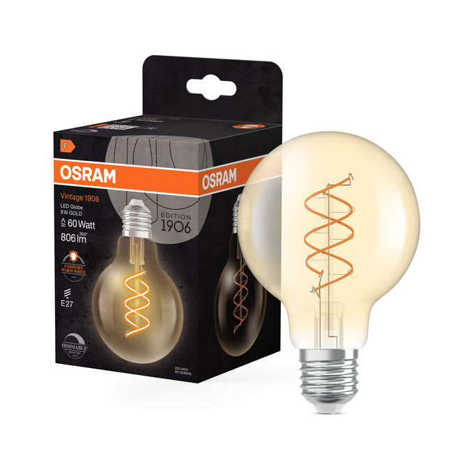 Vintage 1906 Globe 80 60 Spiral Filament DIM 8W 922 Gold E27 Combo Shot = Product Beauty Shot + Packaging Image