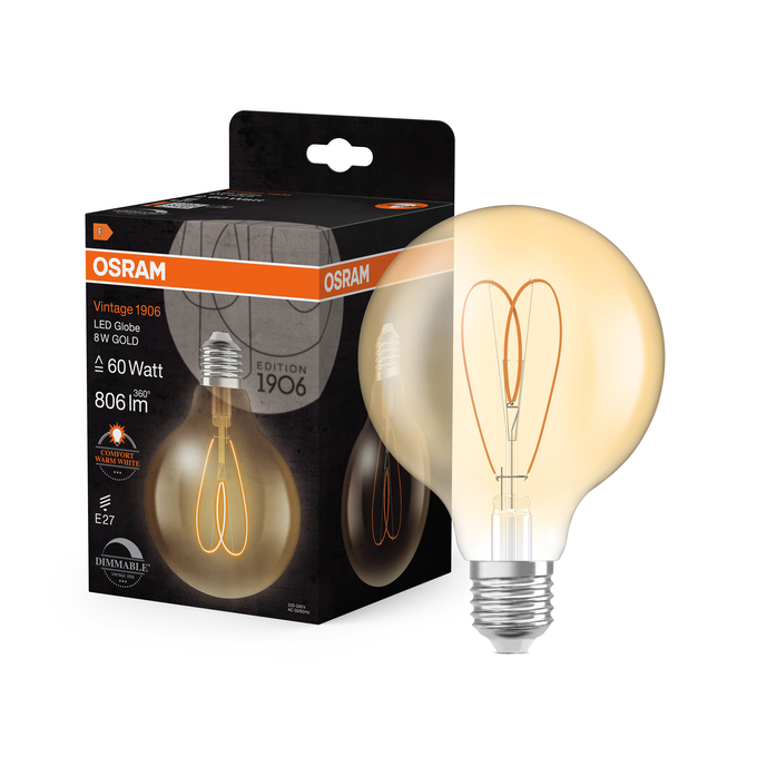 Vintage 1906 Globe 95 60 Heart Filament DIM 8W 922 Gold E27 Combo Shot = Product Beauty Shot + Packaging Image