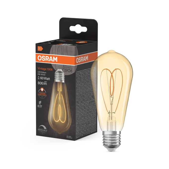 Vintage 1906 Edison 60 Heart Filament DIM 8W 922 Gold E27 Combo Shot = Product Beauty Shot + Packaging Image