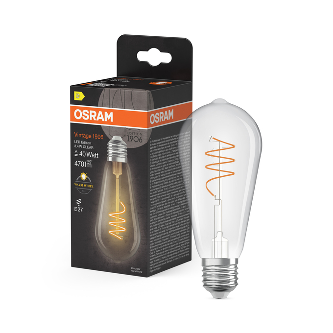 Vintage 1906 Edison 40 Spiral Filament 3.4W 827 Clear E27 Combo Shot = Product Beauty Shot + Packaging Image