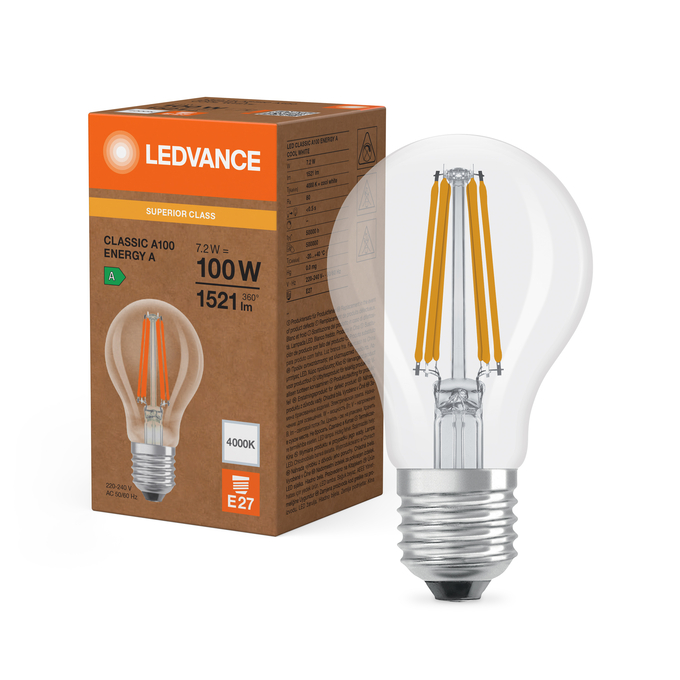 LED Classic A 100 Filament Energy efficiency class A S 7.2W 840 Clear E27 Combo Shot = Product Beauty Shot + Packaging Image