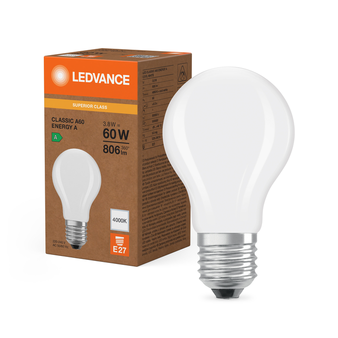 LED Classic A 60 Filament Energy efficiency class A S 3.8W 840 Frosted E27 Combo Shot = Product Beauty Shot + Packaging Image