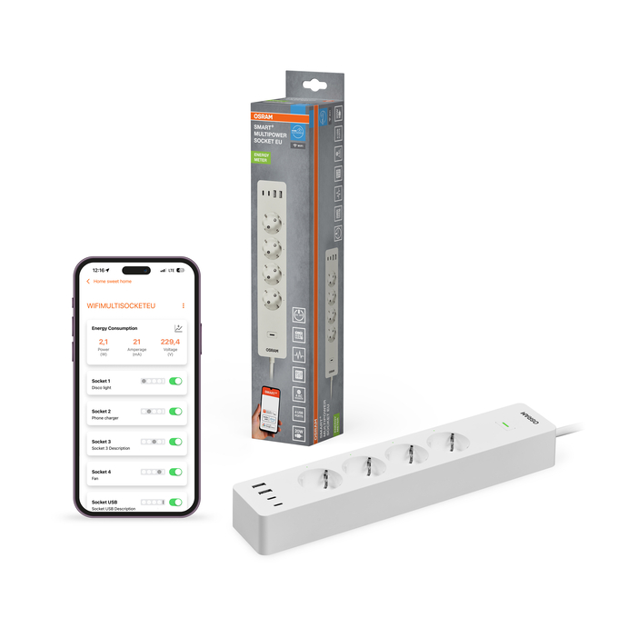 SMART+ WIFI Multipower Socket EU White Scatto combinato = Scatto Product Beauty + immagine della confezione