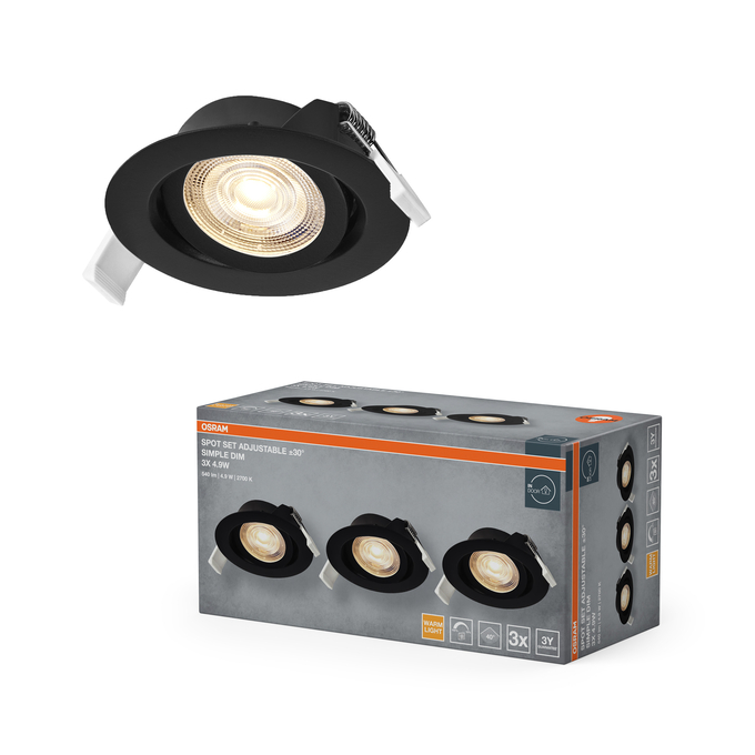 Spot Set Recess Simple DIM 4.9W 827 40° Black Scatto combinato = Scatto Product Beauty + immagine della confezione