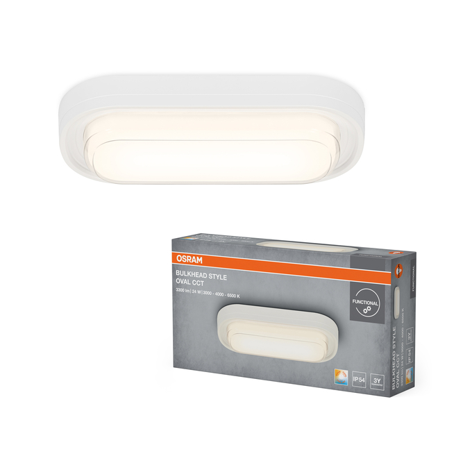 LED Bulkhead Style Oval 24W CCT White Combinatiefoto = Product Beauty Shot + Verpakkingsafbeelding