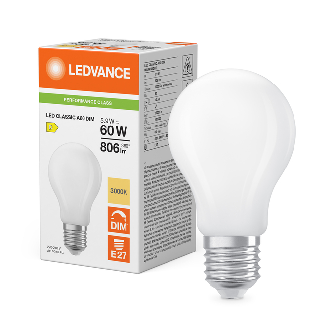 LED Classic A 60 Filament DIM P 5.9W 830 Frosted E27 Combo Shot = Product Beauty Shot + Packaging Image