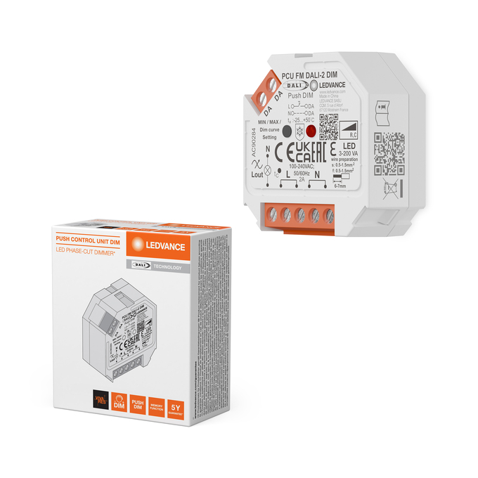 PUSH CONTROL UNIT FM DALI-2 DIM Combinatiefoto = Product Beauty Shot + Verpakkingsafbeelding