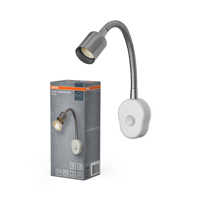 Plug Tube Flex GU10 Satin Nickel EU Plug Yhdistelmäkuva = Product Beauty Shot + pakkauskuva